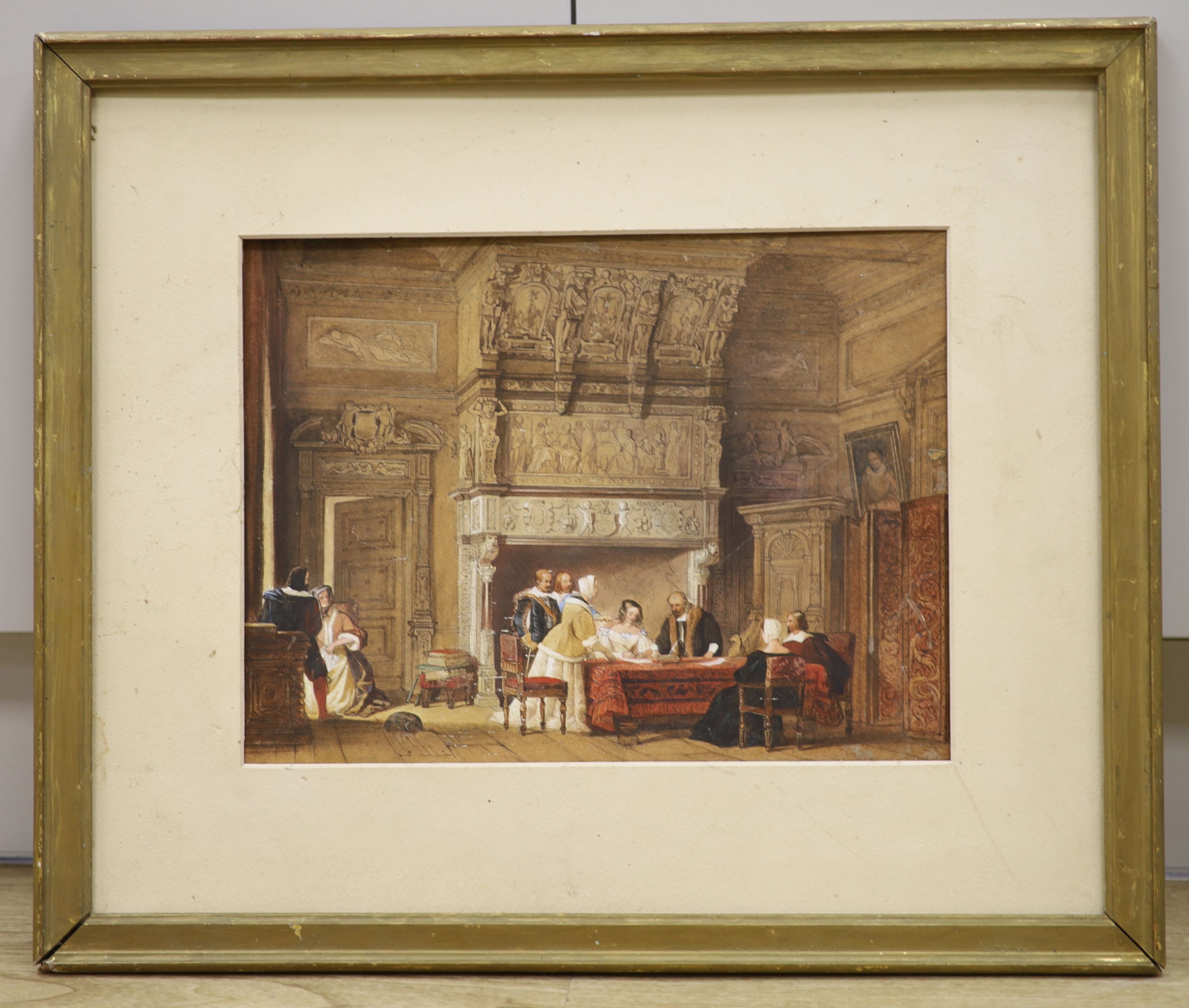 Victorian School, watercolour, 17th century interior with woman signing documents, 28 x 37cm